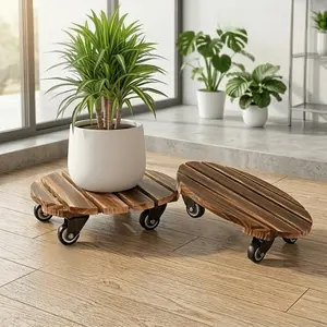 Plant Caddy Wooden 12" Plant Stand with Wheels Heavy Duty Rolling Plant Stand Round Plant Dolly Rollers Base Cart with Metal Lockable Casters for Outdoor/Indoor Large Plant Pot/Flower Pot/Patio Planter Pots