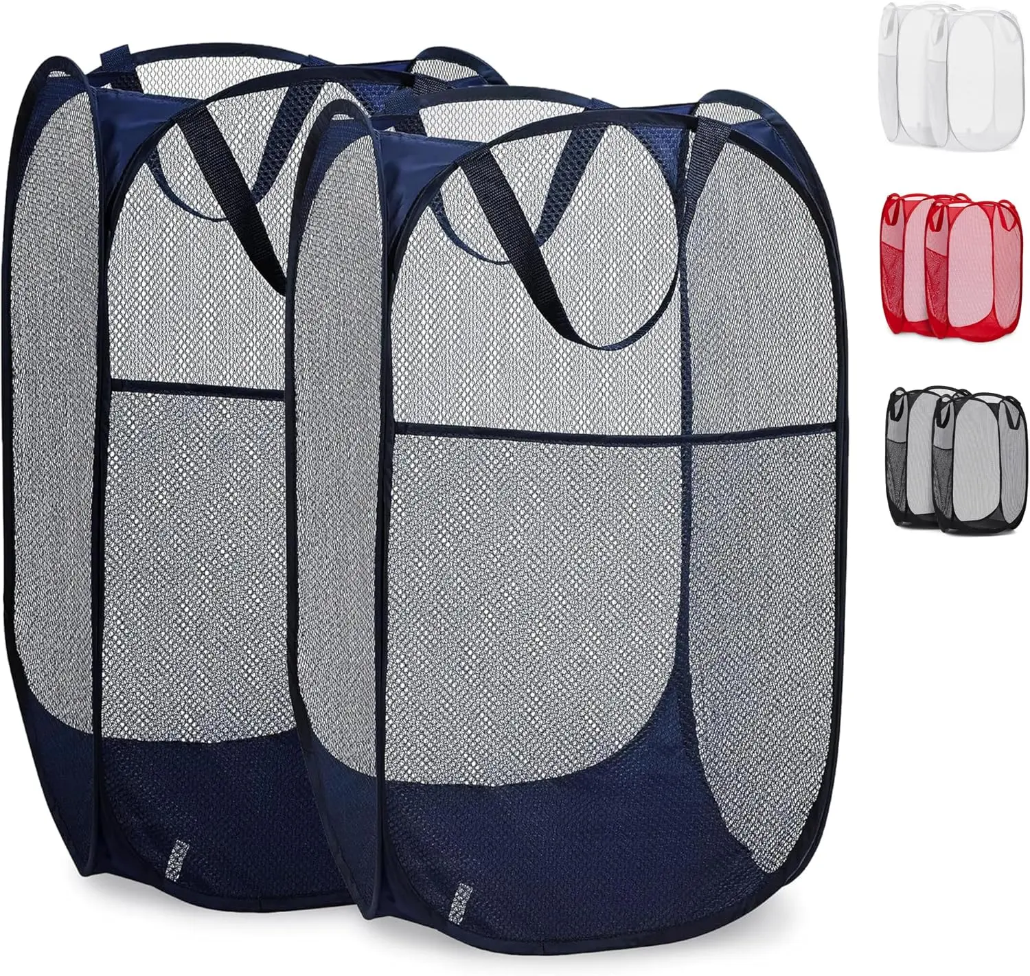 Collapsible Mesh Pop Up Laundry Hamper 2-Pack – Large Foldable Laundry Basket with Side Pocket, Breathable & Durable, Space-Saving for Clothes, Toys, Travel, Dorm, Bedroom, Blue