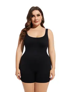 Women's Plus Size Waist Cinching Body Shaping Seamless Ribbed Four-Way Unitard, Sexy Plain One-Piece Top for All Seasons, Shapewear Bodysuit