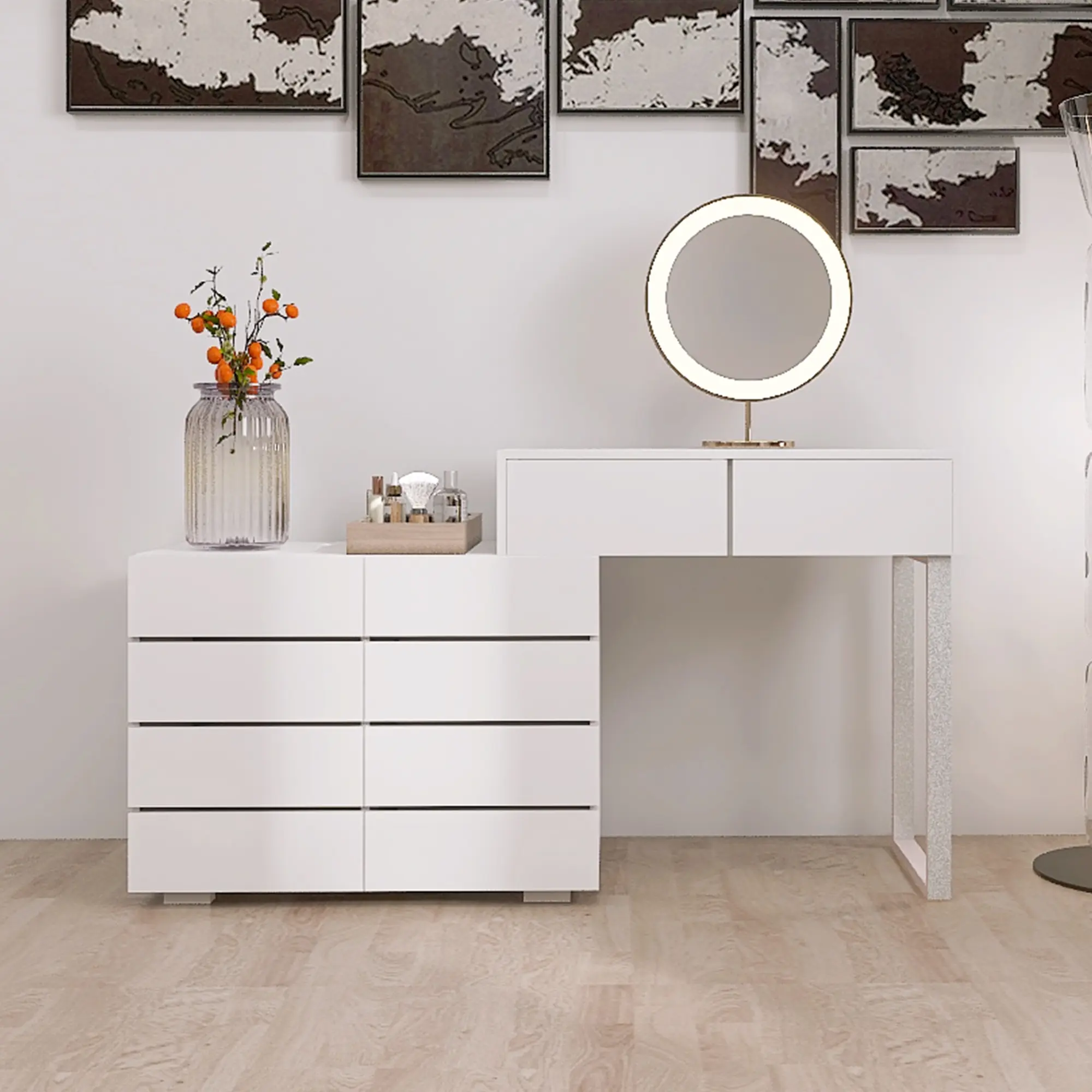White Makeup Vanity Desk, Extendable Corner Vanity Makeup Table with 10 Drawers, Stylish Corner Vanity Desk, Makeup Table with Adjustable Cabinet Modern Dressing Table for Bedroom,Makeup Room,White