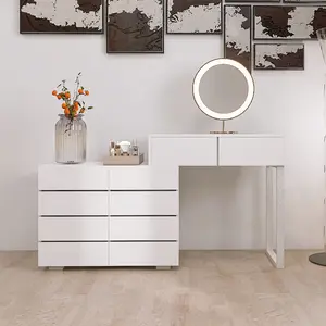 White Makeup Vanity Desk, Extendable Corner Vanity Makeup Table with 10 Drawers, Stylish Corner Vanity Desk, Makeup Table with Adjustable Cabinet Modern Dressing Table for Bedroom,Makeup Room,White