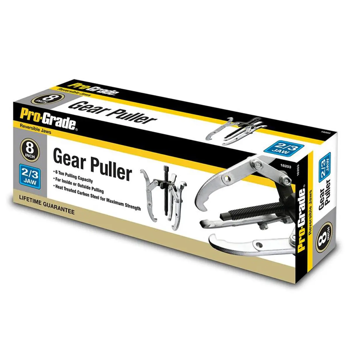 Pro-Grade 8 in. Adjustable Gear Puller (Model 18203) - 6-ton Capacity, 2-3 Reversible Jaws, Fine Threaded Center Bolt, Heat Treated Carbon Steel Automotive Car Repair Disassembly Tool, 6 Ton Cap.