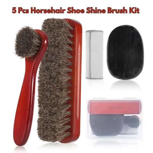 5 Pcs Horsehair Shoe Shine Brush Kit for Leather Boots & Sneakers | Suede Cleaner Brush, Polish Dauber Applicators & Microfiber Shoe Care Set | Shoe Cleaning Kit for Shine & Care