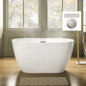 WOODBRIDGE 48" Acrylic Freestanding Bathtub Contemporary Soaking with Brushed Nickel Overflow and Drain, White Tub, B1703