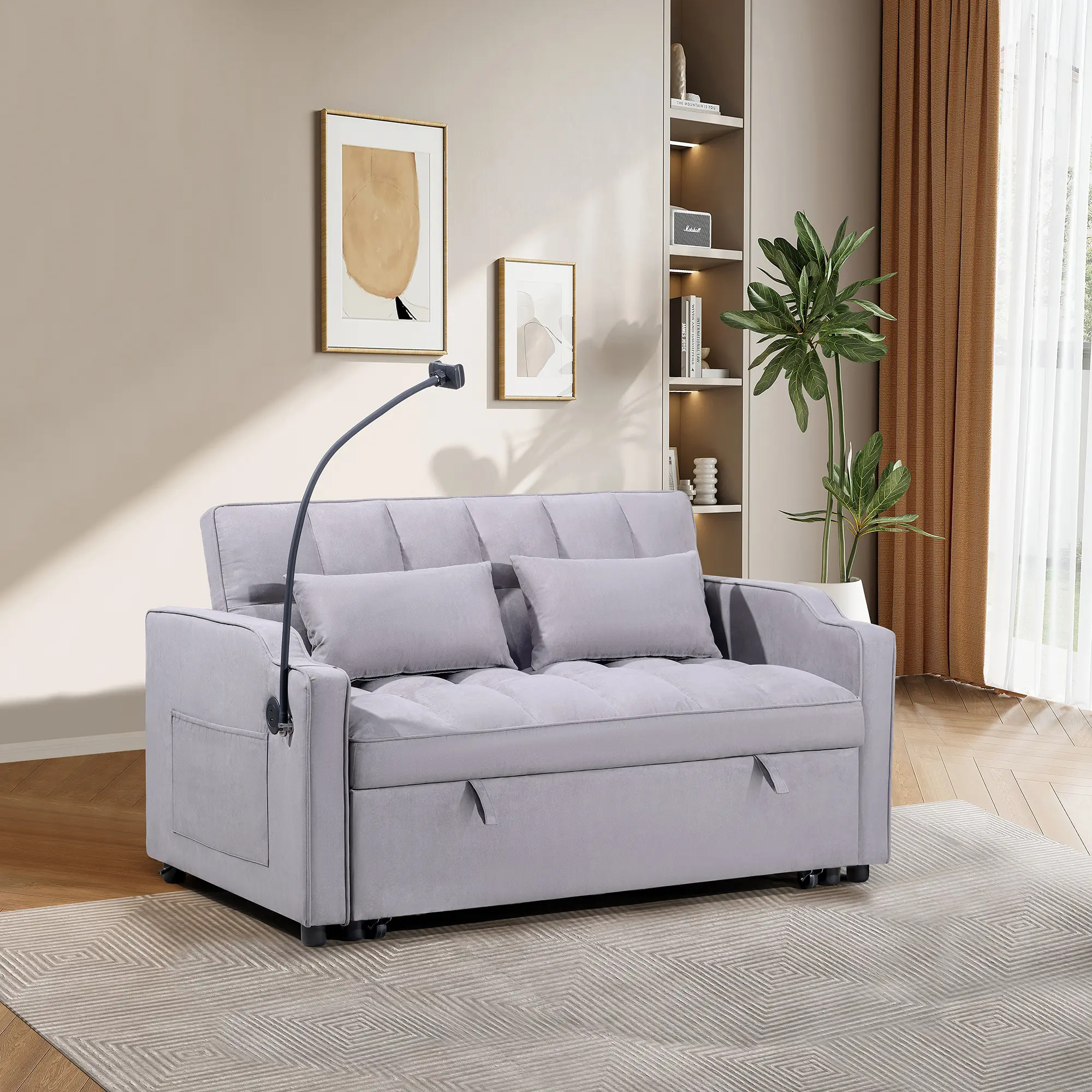 Modern Convertible Loveseat Sofa Bed, Grey Upgraded Suede, Adjustable Backrest, USB Ports & Swivel Phone Stand, Plywood Frame, for Living Room, Guest Room, Home Office