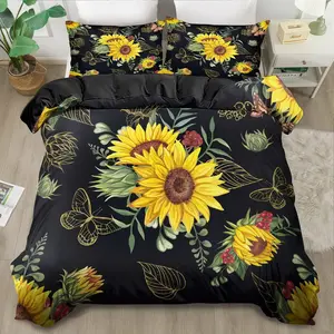 Sunflower Floral Print Bedspread Set, Soft Comfortable Breathable 3 Piece Bedding Collection, 100% Polyester for All Seasons