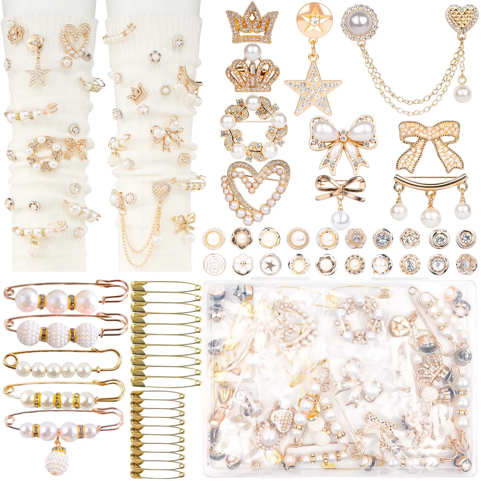 60 Pcs Junk Socks Charms Kit, Gold Brooches and Pins for Women, Pearl and Rhinestone Sock Charms with Safety Pins, DIY Accessories for Decorating and Personalizing Socks