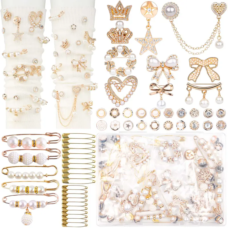 60 Pcs Junk Socks Charms Kit, Gold Brooches and Pins for Women, Pearl and Rhinestone Sock Charms with Safety Pins, DIY Accessories for Decorating and Personalizing Socks