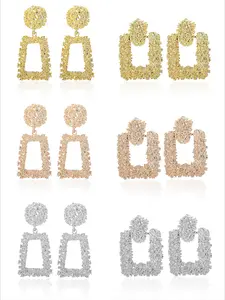 6 Pairs Rose Golden Silvery Textured Geometric Dangle Earring Set for Women Men Unisex Bold Statement Jewelry Boho Minimalist Streetwear Fashion Square Drop Pendants Geometric Dangle Design Rich Aesthetic Styles Low-key Delicate Striking Bold Looks