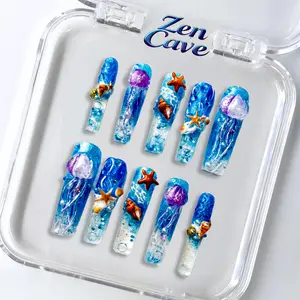 10pcs Ocean Flow Jelly Press On Nails, Handmade 3D Acrylic Nail Art Sheet with Seashell Starfish Pearl, Reusable Fake Nail, Nail Reusable Gel Acrylic Nail, Handmade Nail, Unique Nail, Everyday Office Wear