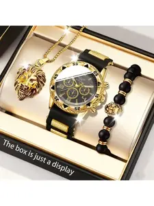 Men's Quartz Watch Set with Lion Necklace & Bracelet, Men Jewelry, High-Quality Business Fashion, Perfect Gift for Him, All Seasons