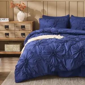 Dark Blue Comforter Set Full Size Bed in A Bag 7 Piece Pinch Pleat Bedding Set,Pintuck Ruched Flowers Bed Set with Comforter, Sheets, Pillowcases & Shams
