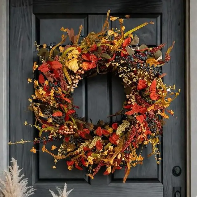 26" Fall Wreath with Hanger Artificial Farmhouse Twig Fall Thanksgiving Day Harvest Blossom Cluster Foliage Berry Front Door Wreath