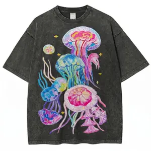 Men's Vintage Distressed Jellyfish Graphic Short-Sleeve T-Shirt - Oversized Washed, Casual Whimsical Clothes - Ocean Ecosystem, Shellfish Lover Unisex Streetwear Figure-Flattering Guys Gifts