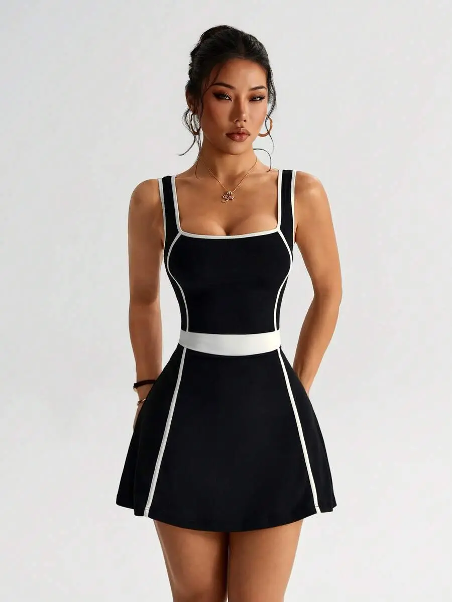 SLAYAURA Women's Sports Dress With Lining, Color Blocking, Fitted, Suitable For Running, Fitness, Workout, Yoga