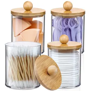 Transparent Plastic Jar Container Set, Plastic Canister Jar, 1/2/3/4 Pieces, 10 Oz, Round Shape, Bathroom Storage for Cotton Swabs, Balls, Floss