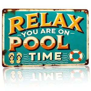 Relax You Are On Pool Time Sign Aluminum Relax You Are On Pool Time Decorative Sign Retro Pool Themed Metal Wall Art For Backyard Pool Patio Outdoor Rustic Decoration 12×8 Inch