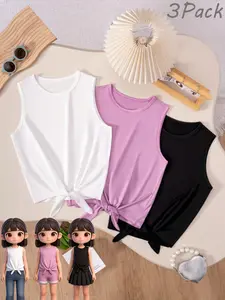 Girls' solid color round neck sleeveless waistband Fitted vest, Everyday casual, fashionable and simple, cute and playful style with straps, outdoor sports, vacation play, girls' vest Tank Top