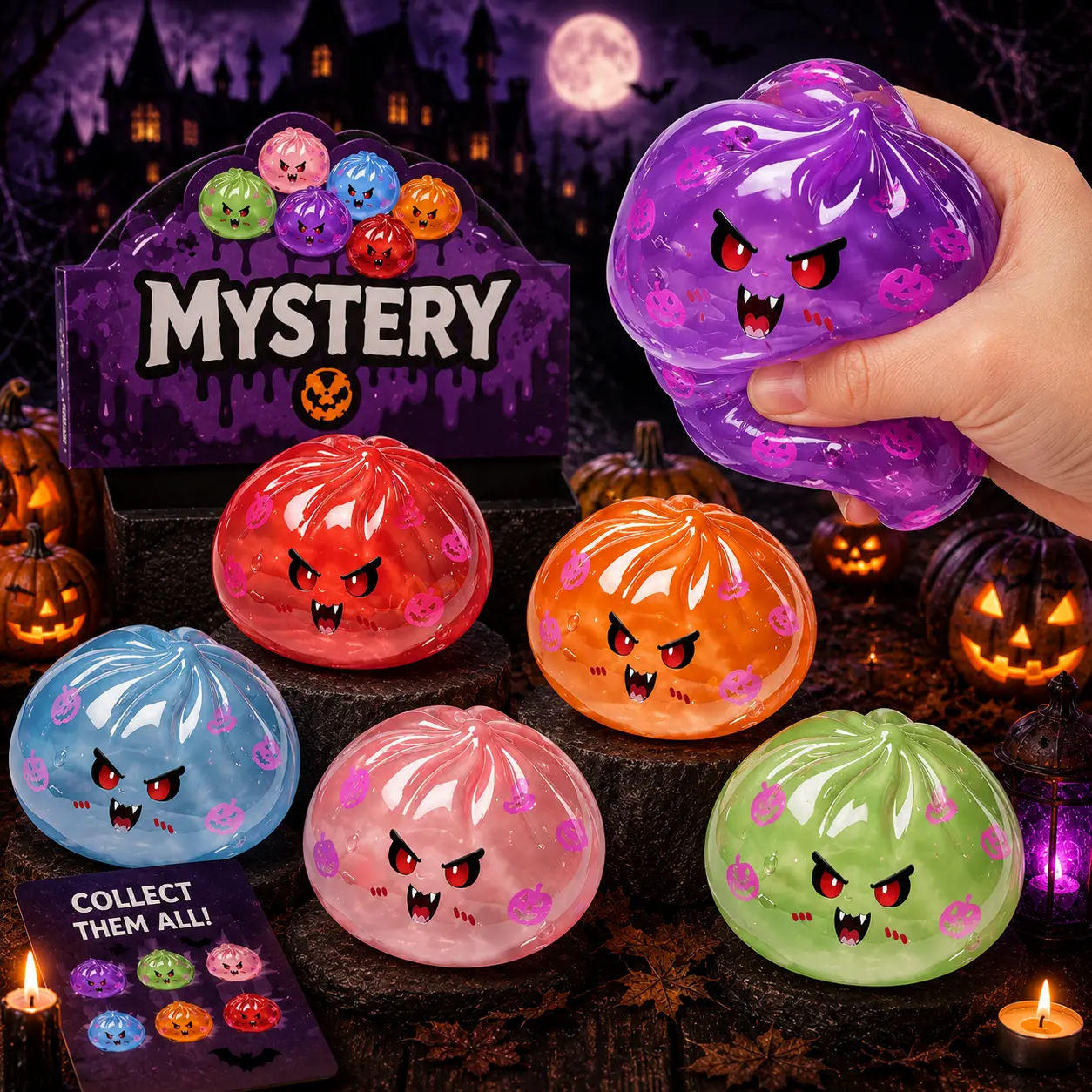 Halloween Vampire Squishy Toy Blind Box – Glitter Dumpling Stress Relief Fidget Toy, Soft Slow Rebound Sensory Squeeze Ball, Mystery Color Random Surprise Gift-MM