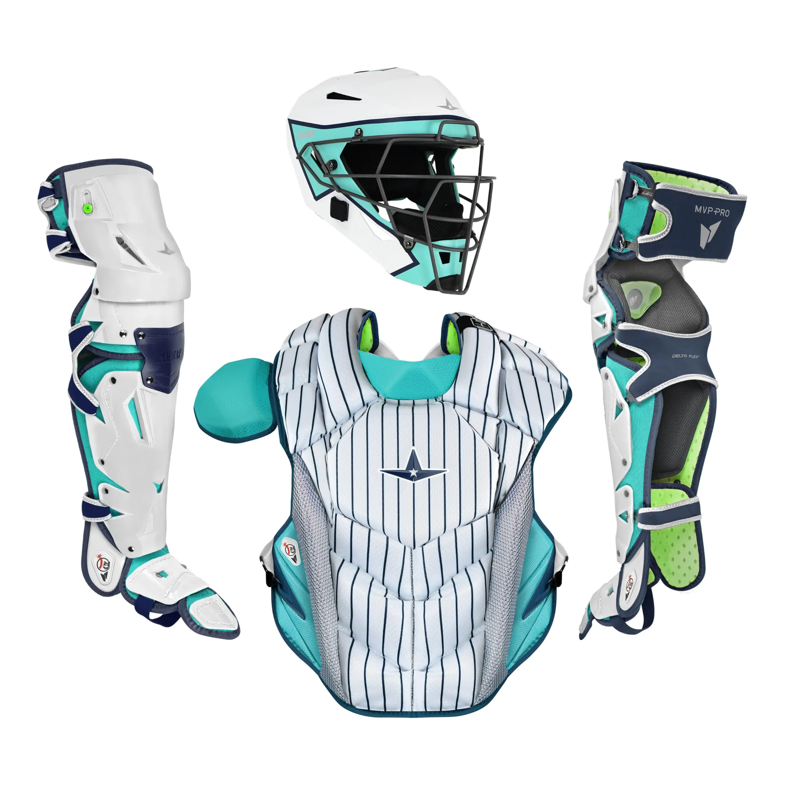 All-Star Premium MVP-PRO Series Catcher's Equipment Set for Baseball, White/Metallic, Large