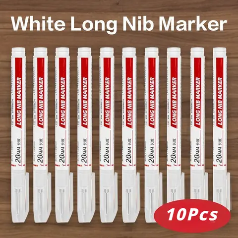 New White Long Nib Marker Set (10-Pc) - 20mm Tip, 14cm/5.51'' Deep Reach for Hard-to-Reach Areas, Plastic Body, Quick-Dry, Waterproof, Clog-Free Office Stationery for Carpenters, Drill Hole, Wood, Metal, Glass & Plastic Marking
