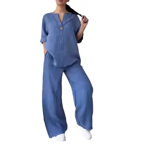 2025 Fashion European and American Women's Comfortable Loose Top Wide Leg Pants Casual Cotton Linen Set Womenswear Clothes Breathable Fabric Fit Adjustable Cashmere Chic Drawstring Outdoor Sleeves Style