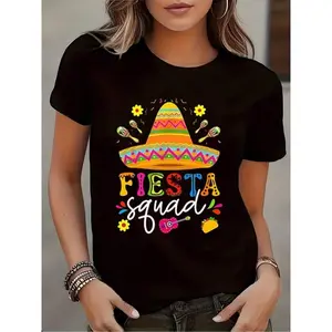 Women's Fiesta Squad Mexican Hat And Maracas Print Round Neck Short Sleeve T-Shirt For Party Celebration Cinco De Mayo Comfortable Fabric Suitable For Gift 220g