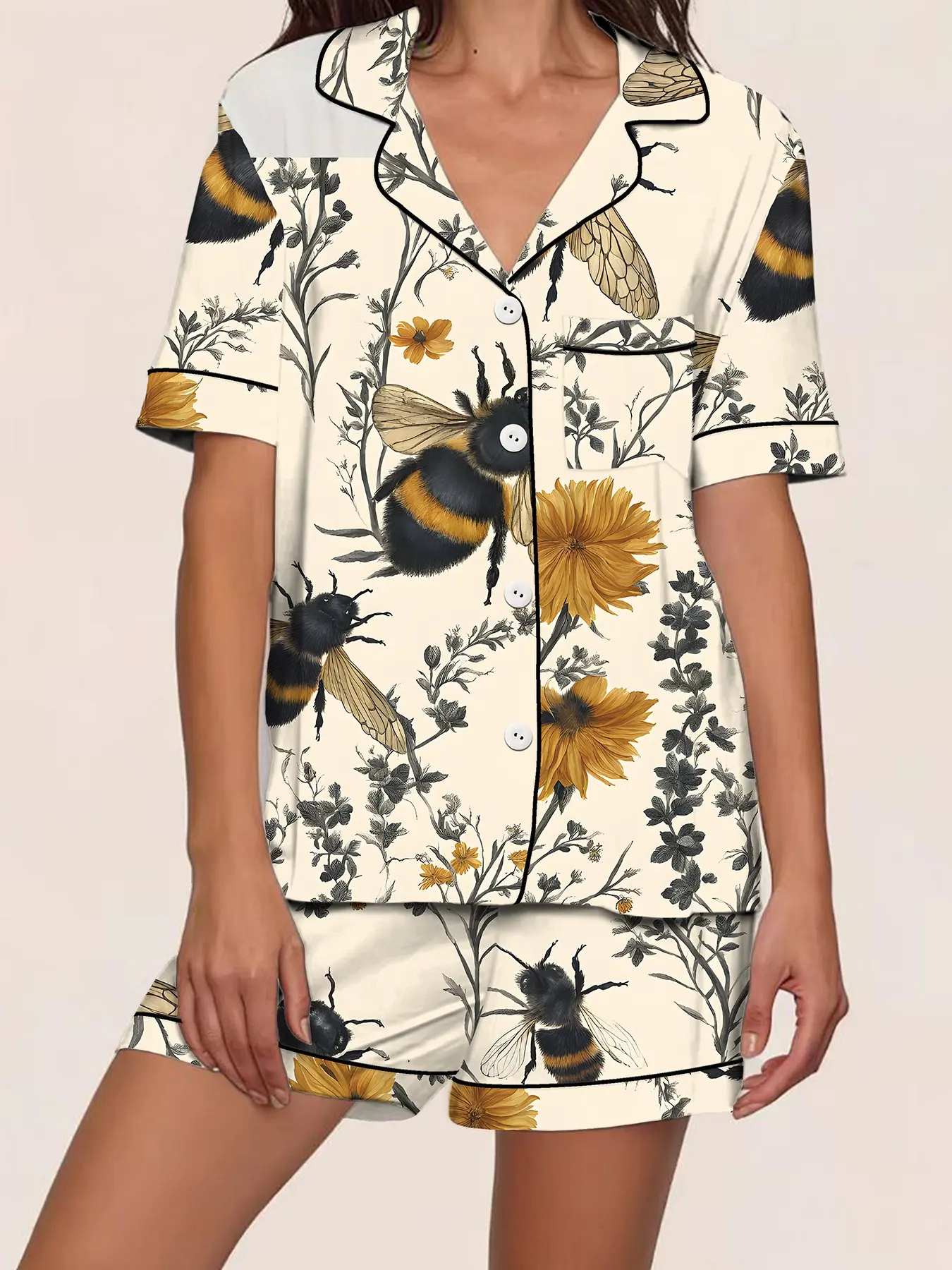Women's Spring Summer Sleepwear Set, Open Front Lapel Short Sleeve Shorts Two-Piece Home Wear, Bee Wildflower Floral Print, Homewear