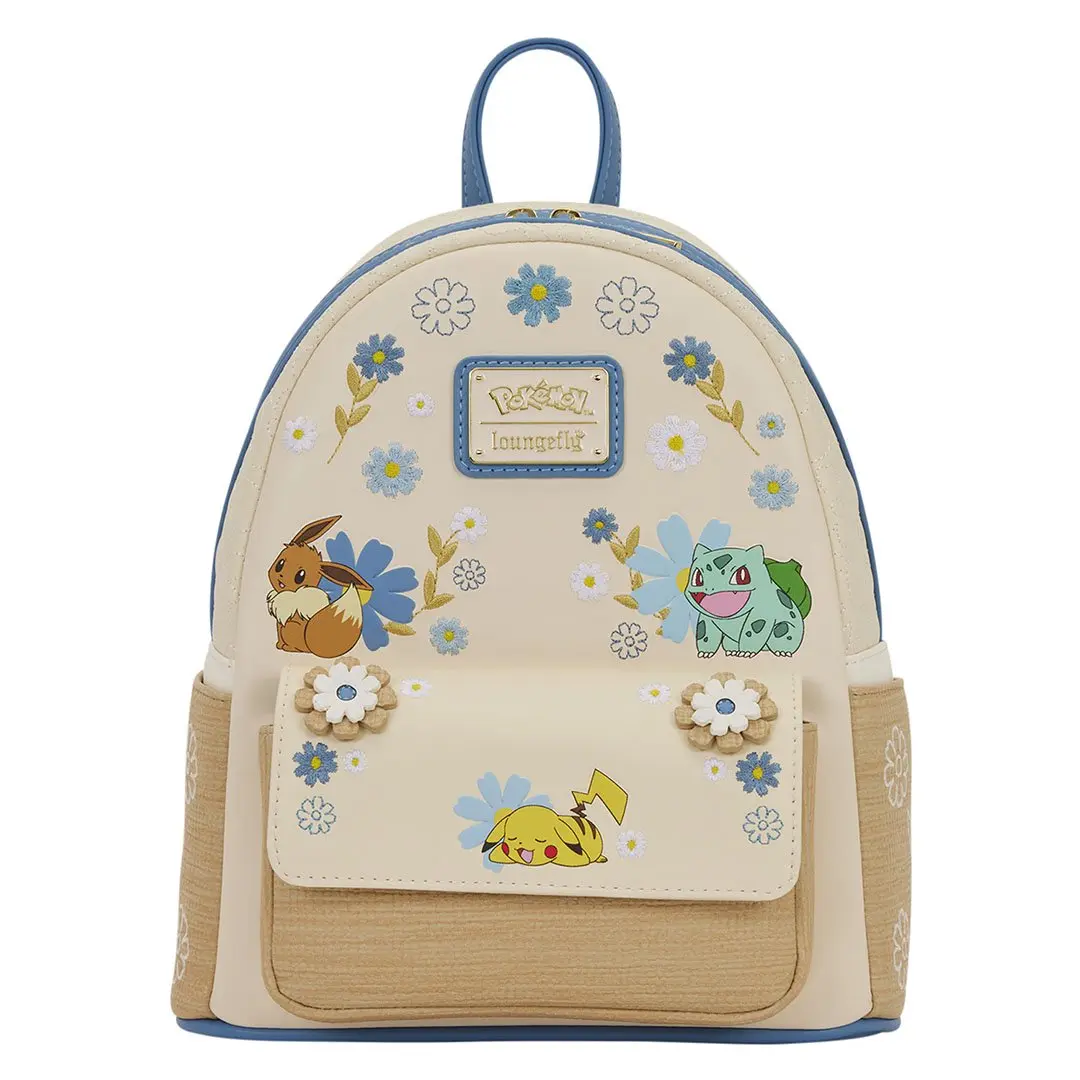 Loungefly Pokémon Floral Embroidered Collectible Faux Leather Mini Backpack - Rattan Accent, Floral Graphic, Adjustable Strap, 9in W x 10in H x 4.5in D, Functional Luggage for Casual Wear, Campus Life, EDC Gear, Collectibles, Everyday Carry, Adults, Compa