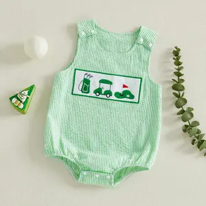 Infant Baby Boys Girls Summer Romper Golf Embroidery Crew Neck Sleeveless Striped Jumpsuit 0-18 Months