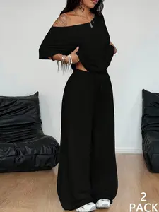 Women's Summer Streetwear Basic, Minimalist Comfortable Fit One Shoulder Top & Wide Leg Pants Set, Casual Loungewear Set Home Wear or Outdoor Leisure