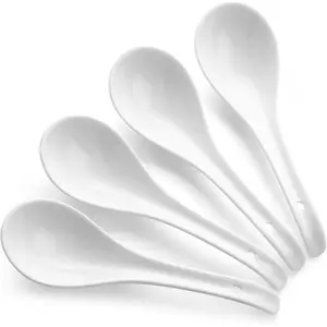 DOWAN Soup Spoons, Ceramic Chinese Soup Spoons, Asian Soup Spoons, White Japanese Spoon Large for Ramen Pho Wonton Dumpling Miso, Deep Oval Hook Design, Set of 4