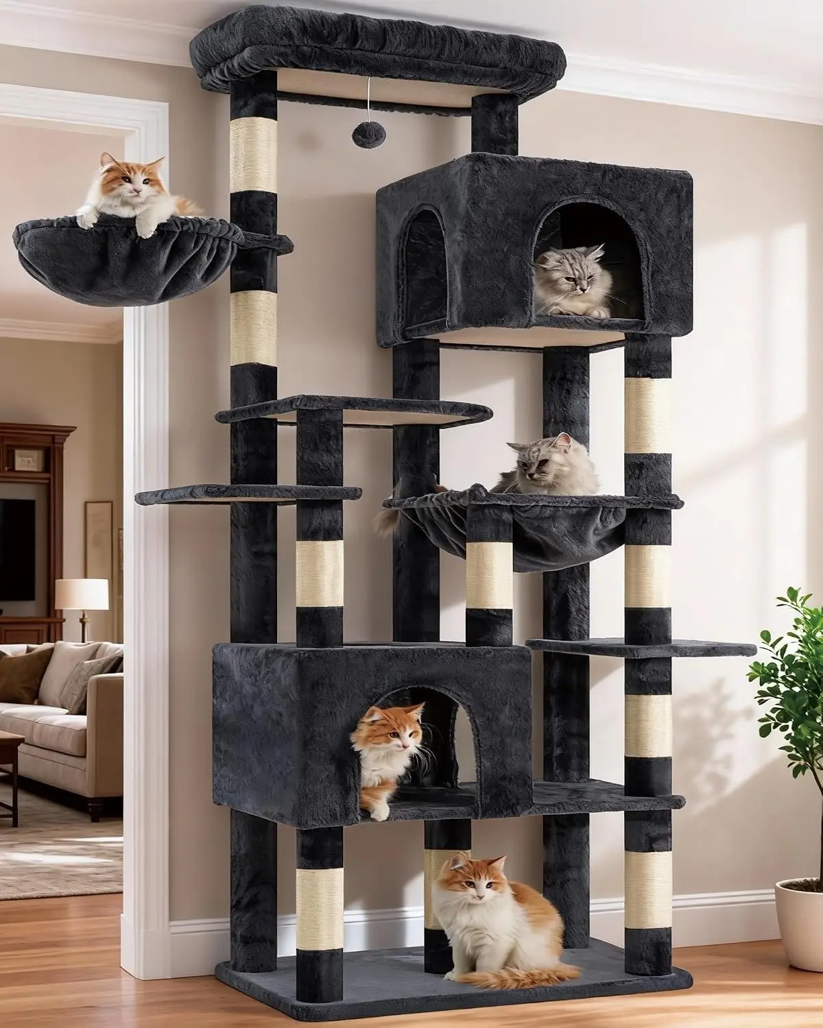 76-Inch Heavy Duty Cat Tower for Large Cats - Extra Wide Base Multi-Level Cat Tree with 2 Condos, 2 Deep Hammocks, 10 Sisal-Wrapped Scratching Posts - Tall Multi-Cat Furniture, Light Gray