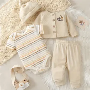 4-piece baby spring/autumn one-piece outfit set, cotton baby boy jacket, hat, girl baby pants, basic cartoon animal pattern newborn clothing essential items, hospital birth supplies