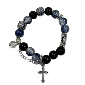 Gothic Cross Multi-Layer Beaded Bracelet | Blue Crackle Crystal & Black Agate Adjustable Bracelet for Women Men Edgy Daily Wear