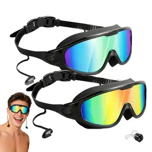 Swim Goggles with Waterproof Earplugs & Nose Clip for Adults/Kids, Anti-Fog Full-Coverage 180 ° Wide View Swim Goggles, Bright Multicolor UV Lens, Fit Outdoorfun