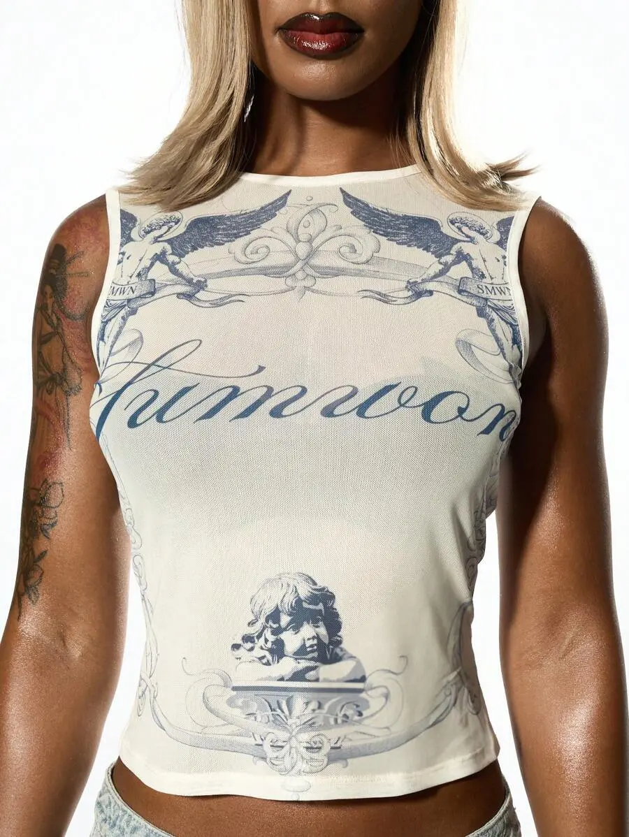 Summer Angelic Tank Top Mesh Overlay Festival Fashion Graphic Print Chic Modern Aesthetic Streetwear Casual Wear