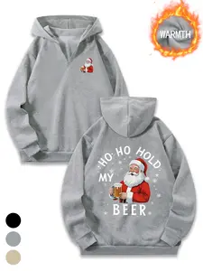 Unisex Fall Winter Fleece Hoodie, Santa Claus Beer Print, Casual Fitted Funny Graphic Sweatshirt, Christmas Party, Commute, Gift
