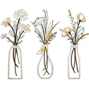 3 Pieces Metal Flowers Wall Decoration - Rustic Farmhouse Decoration Beige Minimalist Flower Wall Decors for Living room Bathroom Bedroom Dining Room-Housewarming Gifts (Beige, Vase-C)