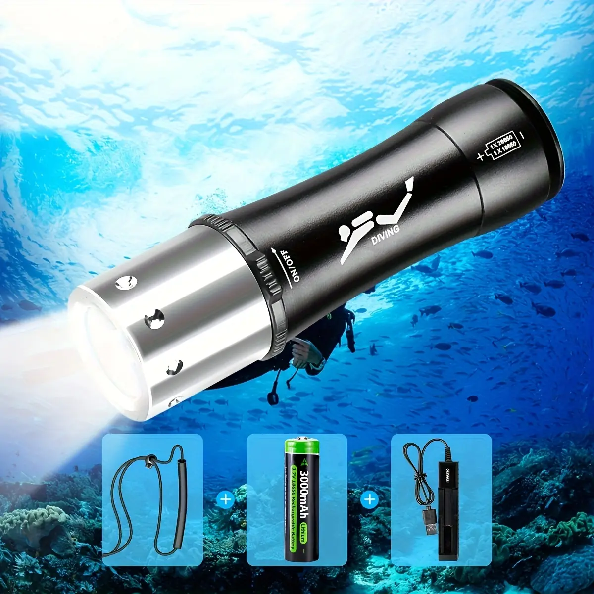 Super Bright L2 LED Scuba Diving Flashlight - Rechargeable Battery, 3 Modes, IPX8 Waterproof Diving Gear, Sport Outdoor Gadgets for Crabbing, Lobstering, Caving