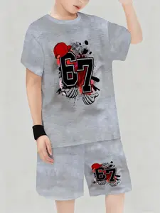Boys' Summer Sports Set, Trendy All-Over Print, Casual Short Sleeve Shorts Two-Piece Set, Fitted Style, Suitable for All Seasons