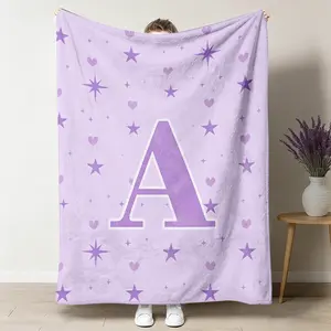 Custom Letter A To Z Flannel Throw Blanket, Purple Watercolor Star And Heart Soft Cozy Gift For Her, Warm For Living Room Bedroom Office Nap, Birthday Valentine Gift For Daughter Girlfriend Bestie, Personalized Initial Keepsake Home Decor