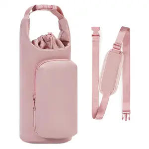 Water Bottle Carrier Bag with Phone Pocket pink, Adjustable Shoulder Strap Insulated Bottle Holder, Portable Sports Bottle Sleeve for Outdoor Hiking Traveling