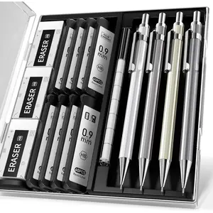0.9mm Metal Mechanical Pencil Set with Case - 4 count Fancy Mechanical Pencils, 8 Tubes HB #2 Lead Refills, 3 count 4B Erasers and 9 count Eraser Refills, Led Pencils Mechanical for Writing