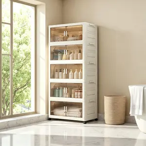 Installation Free Foldable Storage Cabinet, Stackable Plastic Storage Organizer with Magnetic Double Doors and Clear Panels, Easy Assembly Collapsible Cabinet with Wheels for Closet Laundry Room Office