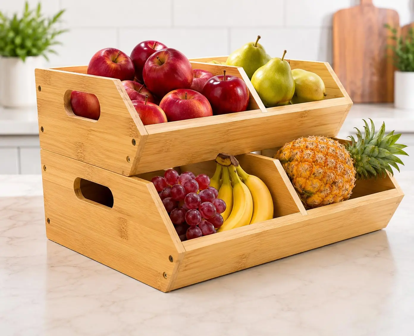 3-Pack Bamboo Potato & Onion Storage Bins - Ventilated Stackable Kitchen Pantry Countertop Boxes with Handles, Bulk Storage Organizer for Fruit & Vegetable Organization