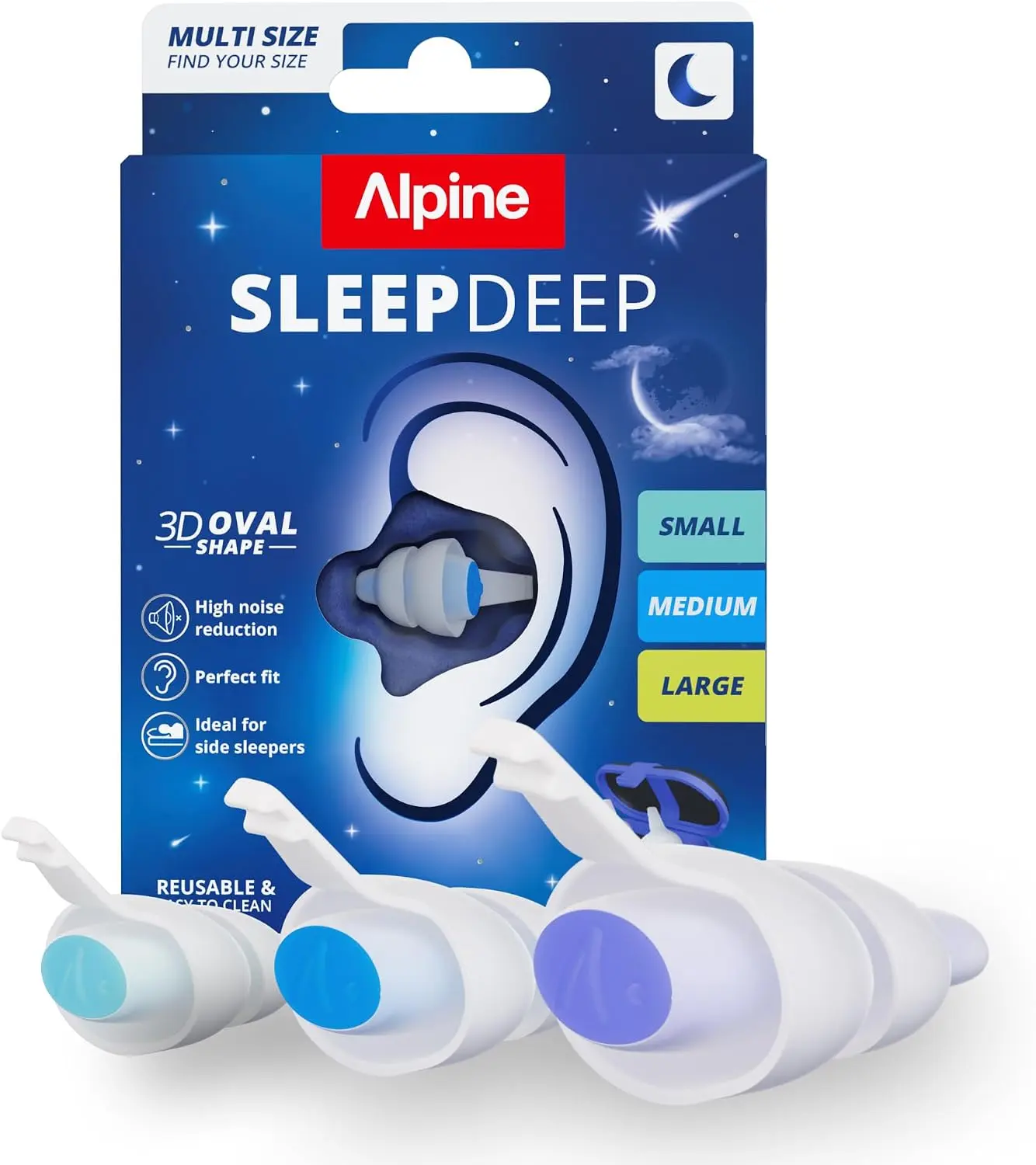 Alpine SleepDeep Ear Plugs for Sleeping – Side Sleepers & Snoring – Ultra-Soft Noise Reducing Earplugs – 27dB SNR – Hypoallergenic, Silicone-Free – 3 Pairs (S,M,L)