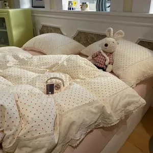 New Korean Style Ruffled Bubble Satin Printed Bedroom Bedding Set, 4 Piece Includes Quilt Cover, Sheet, Pillowcases, Soft Comfort, All Seasons