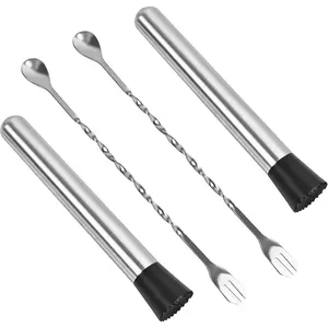 8-Inch Stainless Steel Muddler for Cocktails and Lemonade - Bar Spoon and Stirrer for Mojitos Fruit Drinks 4pc Bar Set Accessories with Long Handle