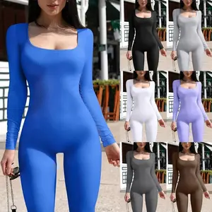Women’s new ribbed square-neck hip-lifting slim-fit sexy blue jumpsuit — spring collection; comfortable stretch activewear for fitness